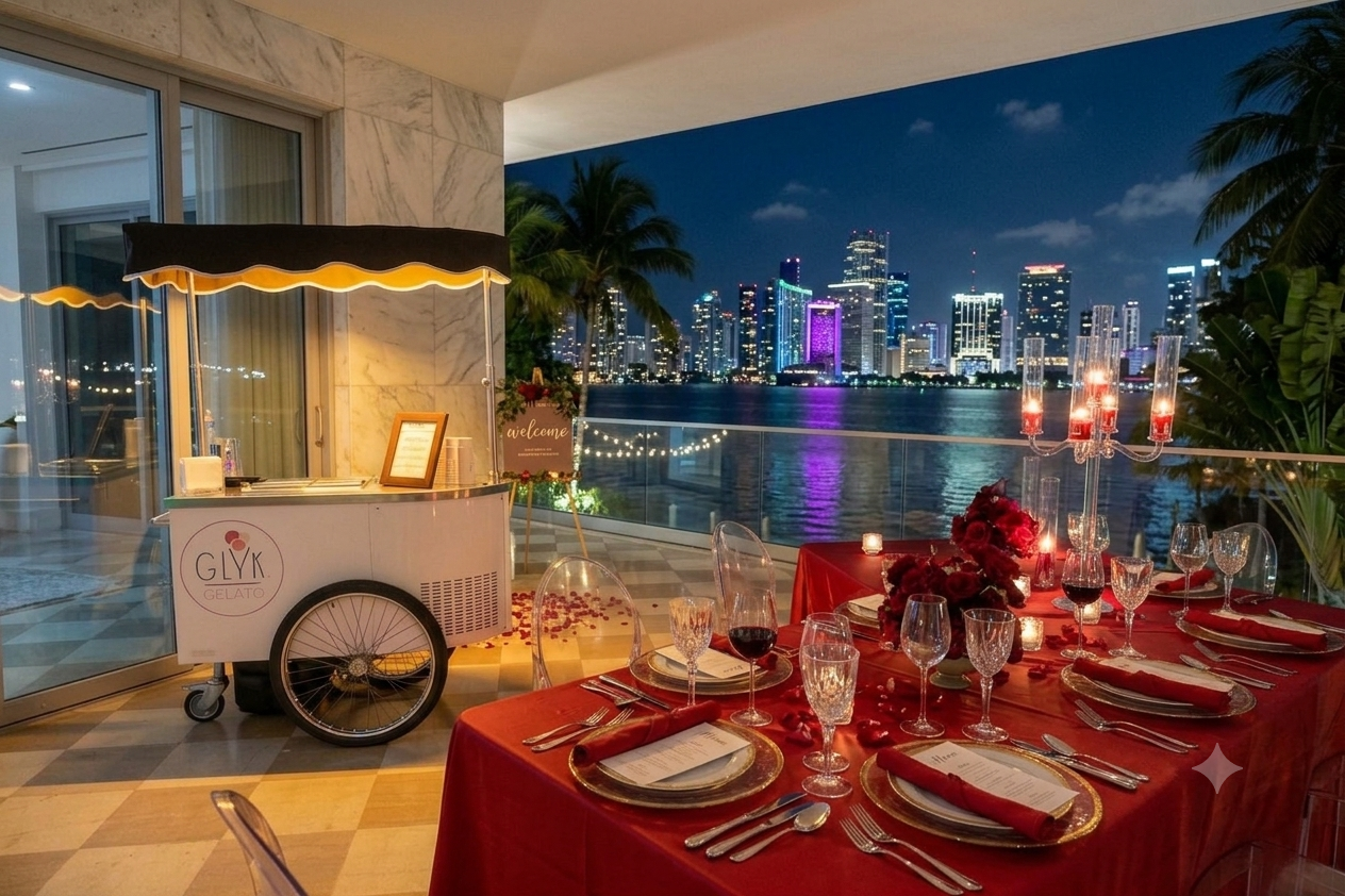 Glyk gelato cart with the Miami skyline at night