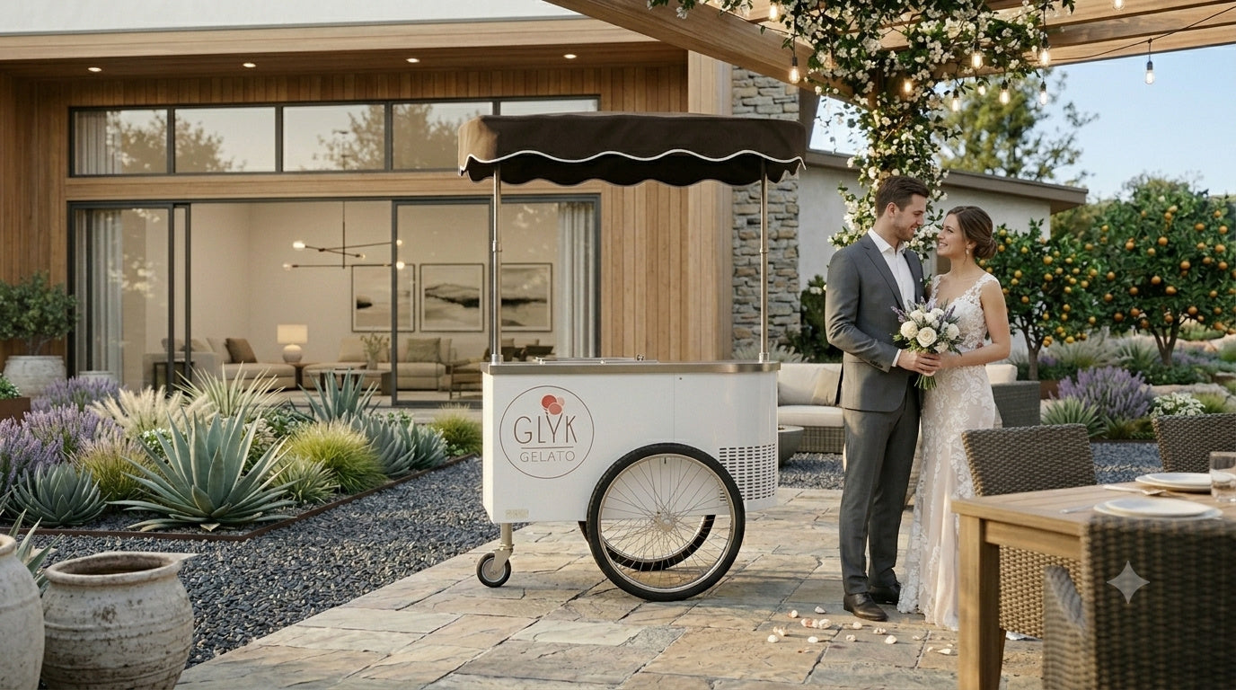 Couple at their wedding with a Glyk gelato cart